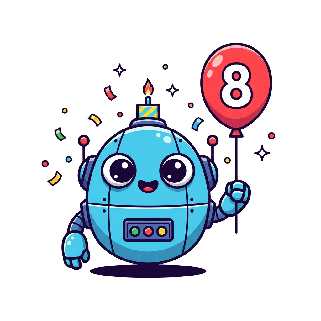 Custom design: A cheerful, round, cartoon robot with big friendly eyes, holding a brightly colored birthday balloon with the number ...