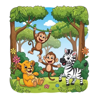 A group of cheerful baby jungle animals (lion cub, monkey, zebra) playing together in a lush, vibrant forest, cartoon style with bright colors and a friendly atmosphere.