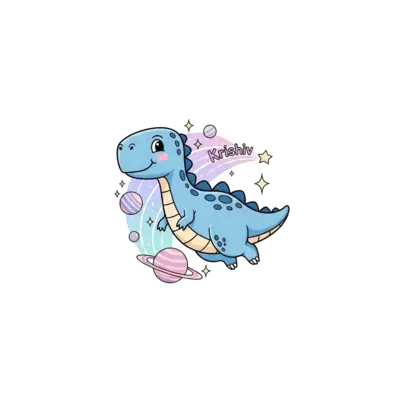 A whimsical and dreamy illustration of a friendly cartoon dinosaur floating gracefully among pastel planets and shimmering stars, with the name 'Krishiv' subtly integrated into a star trail. Soft, ethereal colors with a touch of magic.