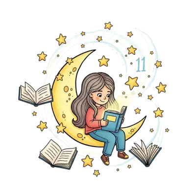 A whimsical illustration of a young girl with long flowing hair, happily reading a glowing book while sitting on a crescent moon, surrounded by floating stars, open storybooks, and gentle, swirling magical dust, in a soft pastel watercolor style with a subtle '11' integrated into the stardust.