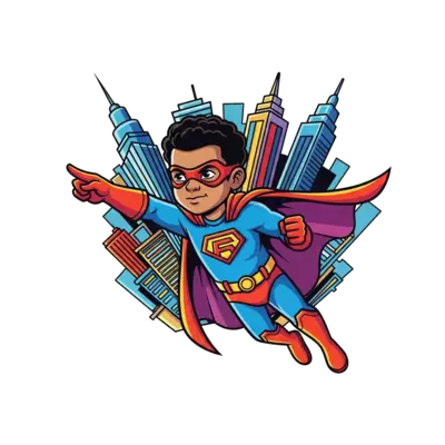 A bold and cool cartoon illustration of a diverse superhero kid soaring through a vibrant, stylized city skyline, dynamic pose, strong lines, comic book style, bright and energetic colors, isolated graphic.