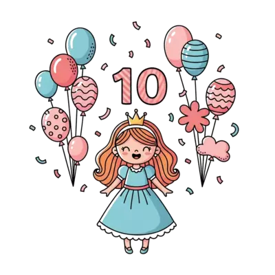 A cute cartoon princess celebrating her 10th birthday, surrounded by balloons and confetti, in a whimsical, pastel color palette. She has a joyful expression and a small crown.