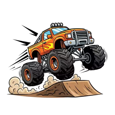 A powerful, stylized orange monster truck, mid-air over a dirt ramp, with dynamic dust trails and bold graphic lines, cool and energetic cartoon style.