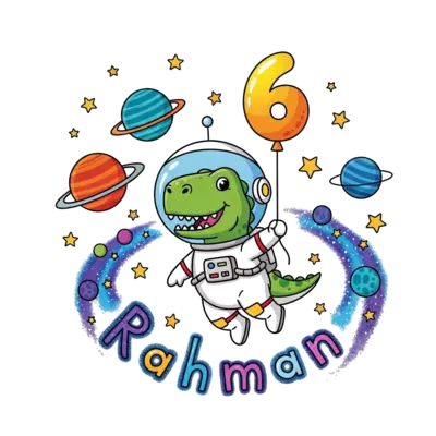 A super cute cartoon T-Rex astronaut floating happily in a vibrant galaxy, holding a number '6' shaped balloon. Colorful planets and twinkling stars surround him, with 'Rahman' playfully written in cosmic dust.