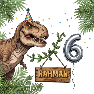 A friendly, realistic T-Rex with a gentle smile, wearing a small party hat, holding a jungle vine with a wooden sign that reads 'Rahman' and a hanging '6' balloon. Lush jungle background with subtle birthday confetti, vibrant and inviting colors.