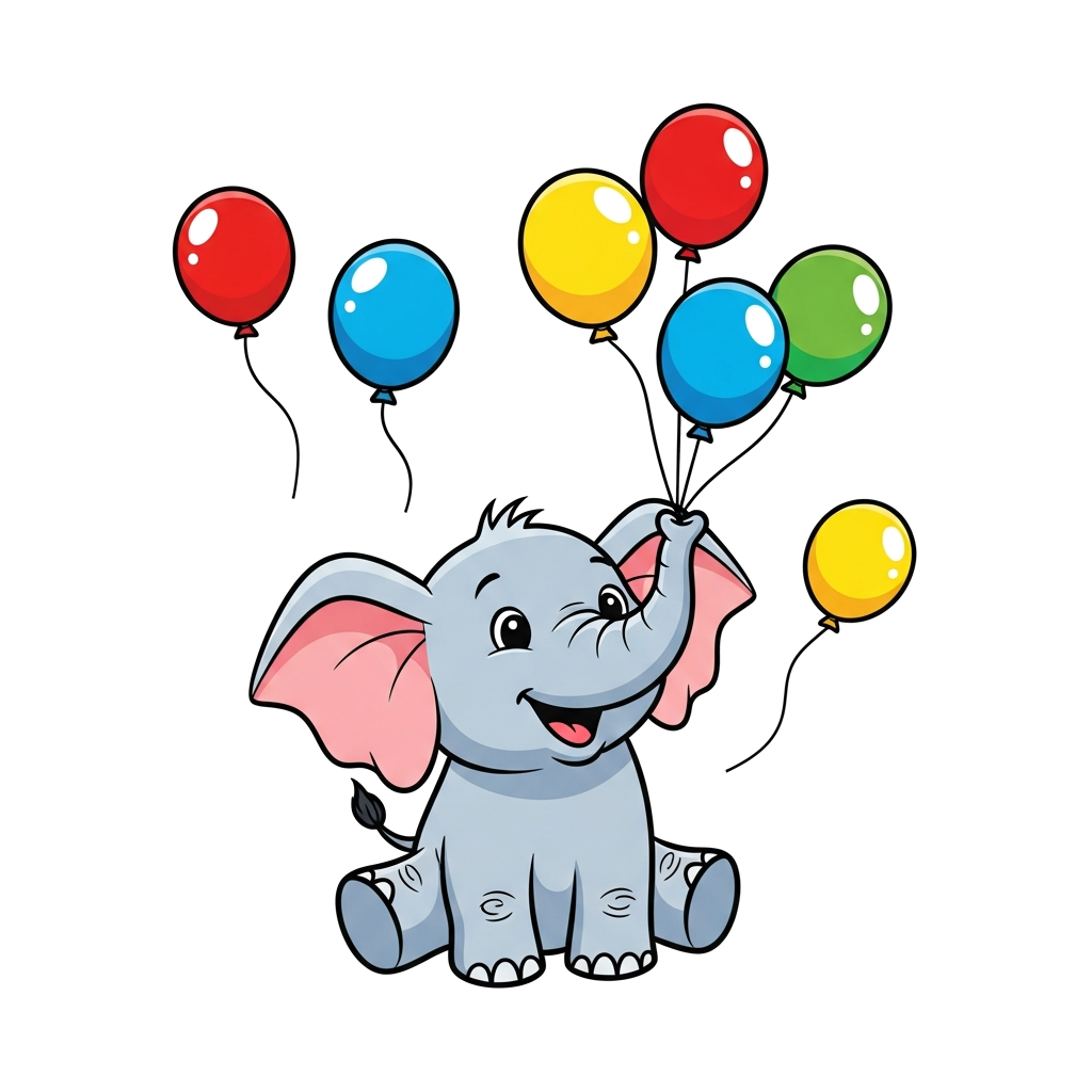 Custom design: A cute cartoon baby elephant playing with colorful balloons, in a joyful, vibrant style, isolated graphic.