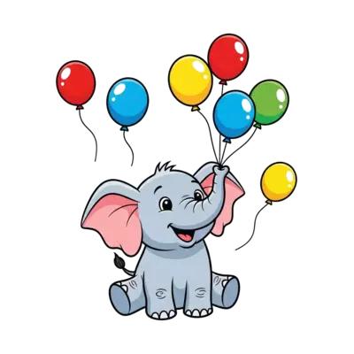 Design: A cute cartoon baby elephant playing with colorful balloons, in a joyful, vib...