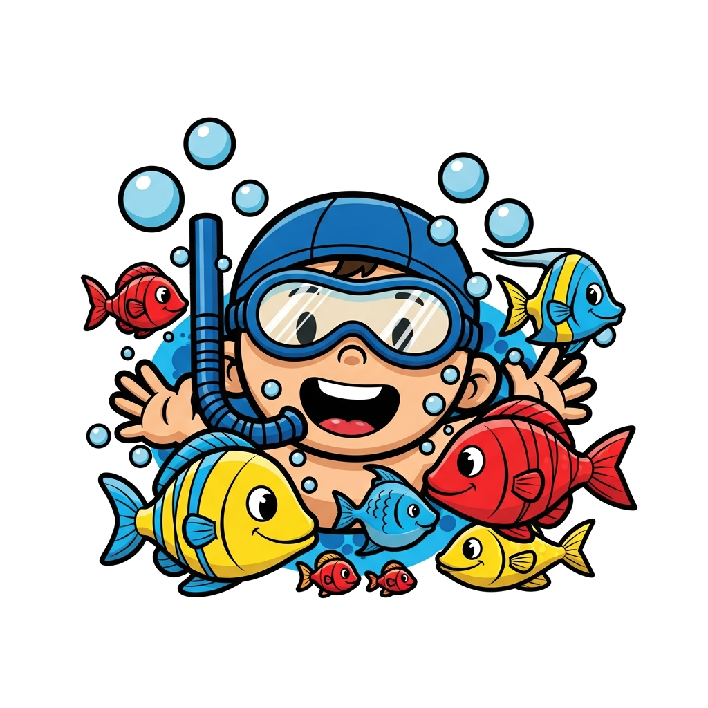 Custom design: A vibrant cartoon illustration of a happy child (Pihu) swimming underwater with friendly, colorful fish and playful b...