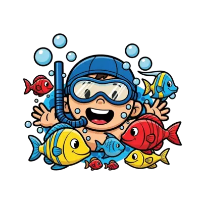 Design: A vibrant cartoon illustration of a happy child (Pihu) swimming underwater wi...