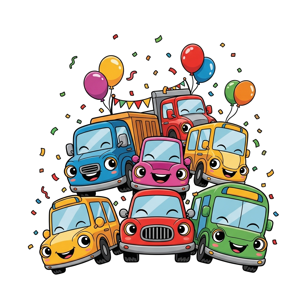 Custom design: A group of adorable, smiling cartoon cars, trucks, and a bus driving happily in a colorful parade, with confetti and ...