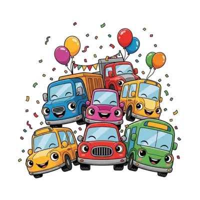 Design: A group of adorable, smiling cartoon cars, trucks, and a bus driving happily ...