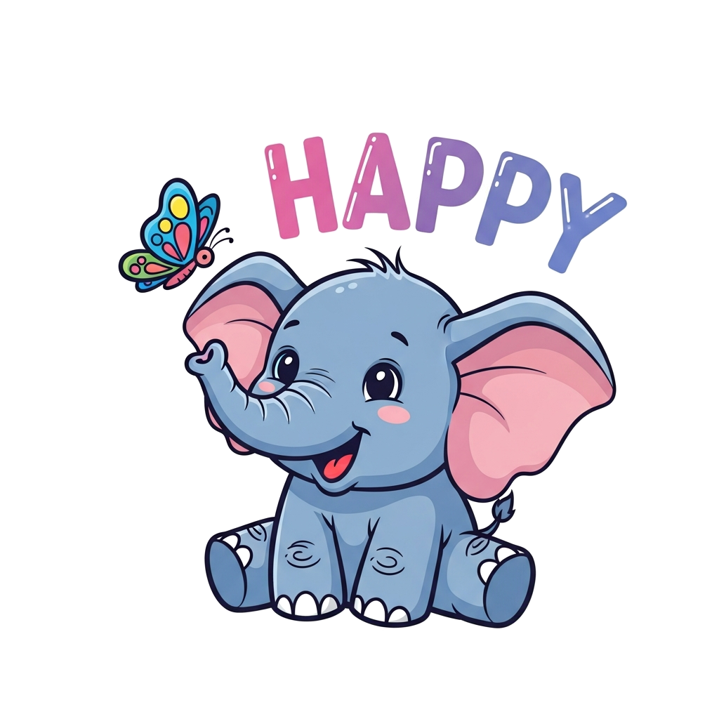 Custom design: A cheerful cartoon baby elephant with big ears and a tiny trunk, happily playing with a colorful butterfly, in a vibr...