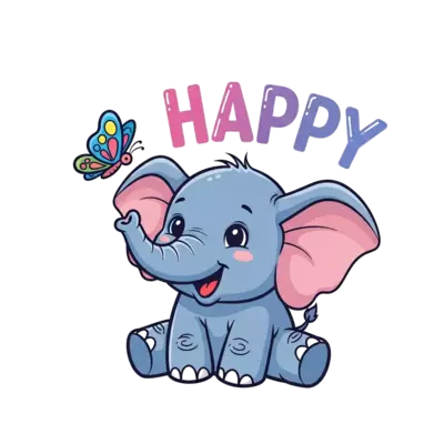 Design: A cheerful cartoon baby elephant with big ears and a tiny trunk, happily play...