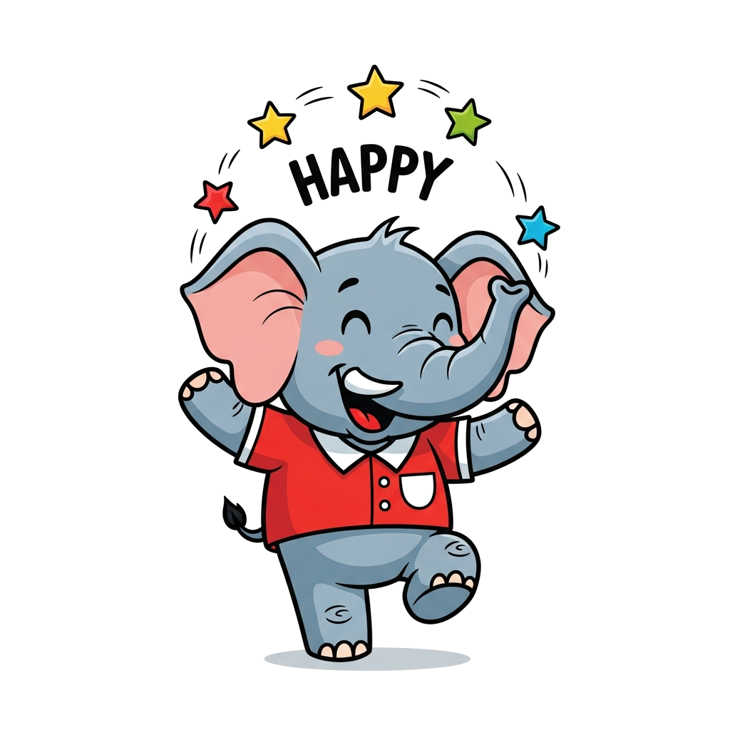 Custom design: A whimsical illustration of a cute cartoon elephant balancing on one leg, juggling colorful stars and smiling broadly...