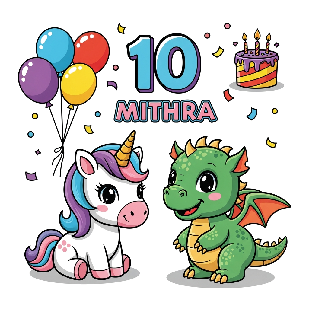 Custom design: A cute cartoon baby unicorn and a friendly baby dragon celebrating a birthday together, surrounded by colorful balloo...