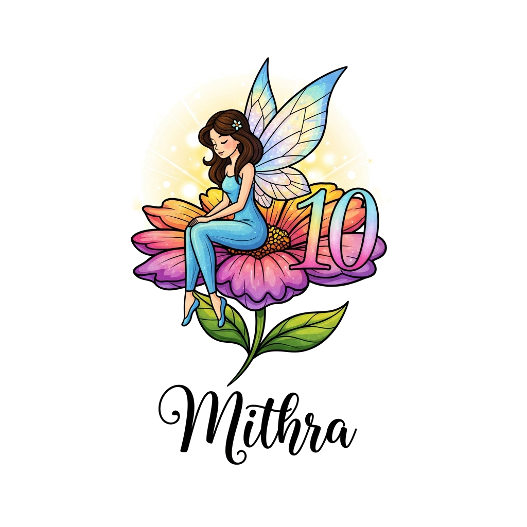 Custom design: A graceful fairy with shimmering wings, sitting delicately on a blossoming flower, surrounded by soft glowing light. ...
