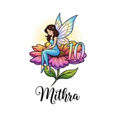 Design: A graceful fairy with shimmering wings, sitting delicately on a blossoming fl...