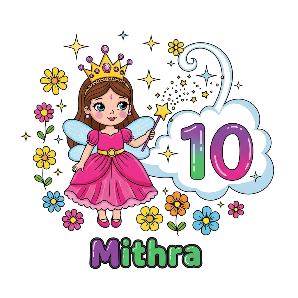 Custom design: A cute cartoon fairy princess with a sparkling crown and a magical wand, surrounded by whimsical flowers and glitteri...
