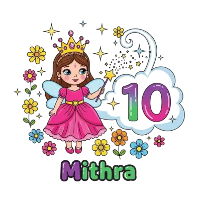 Design: A cute cartoon fairy princess with a sparkling crown and a magical wand, surr...