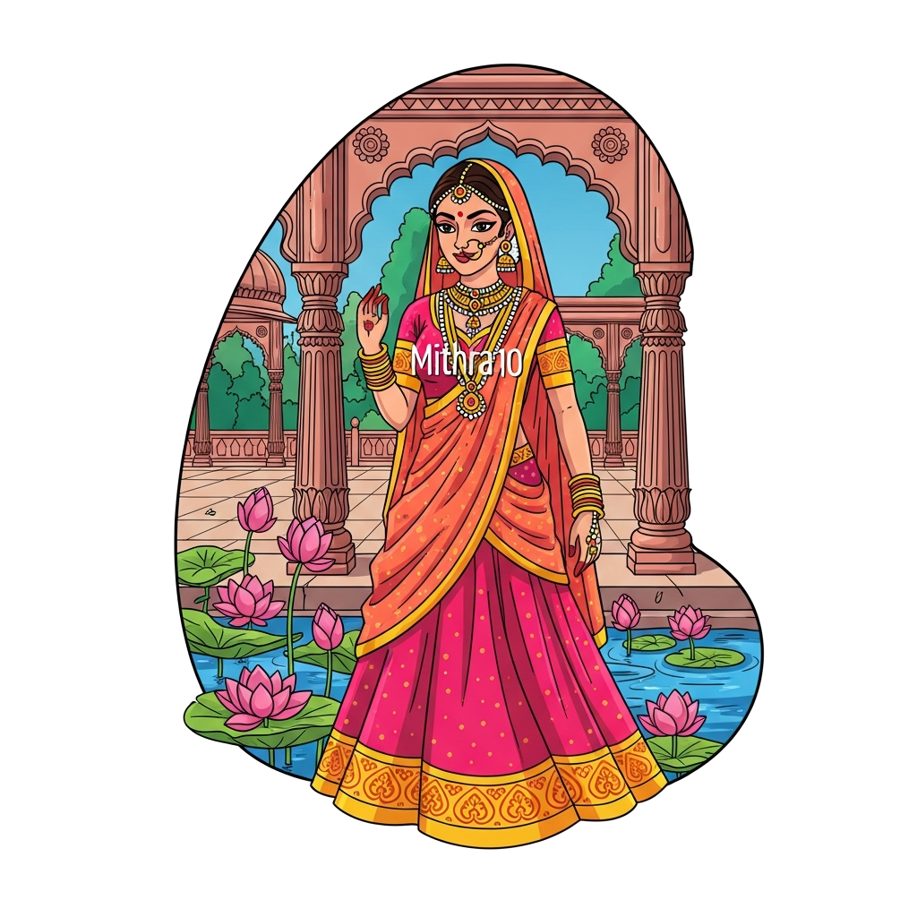 Custom design: A majestic Indian princess illustration, adorned with traditional jewelry and a flowing lehenga, standing gracefully ...