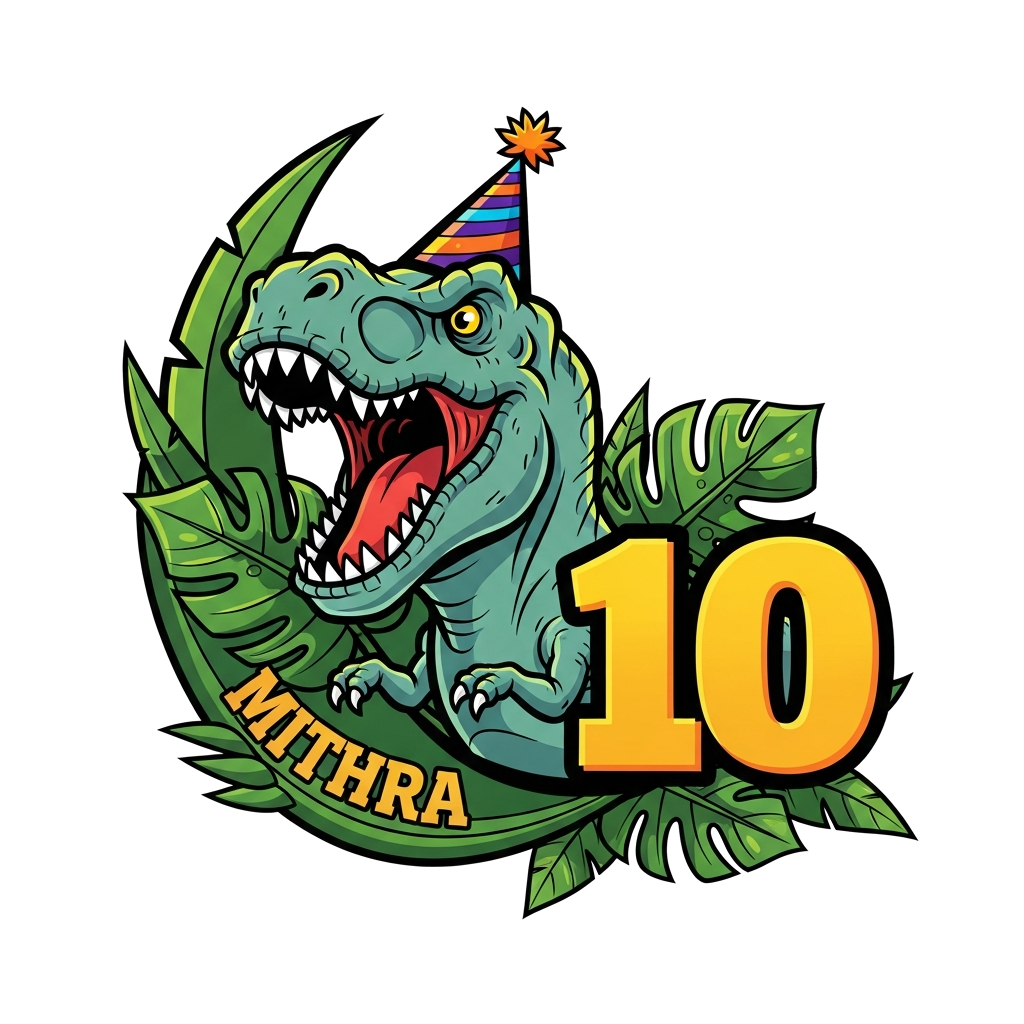 Custom design: A fierce but friendly cartoon T-Rex wearing a party hat, roaring with excitement, surrounded by jungle leaves and a b...