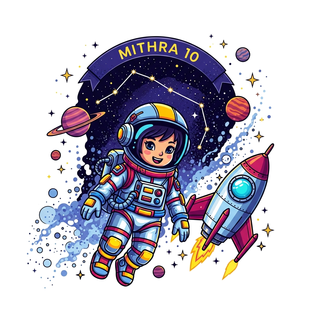 Custom design: A bold and cool astronaut character, perhaps a girl, floating in space next to a futuristic rocket, with 'Mithra 10' ...