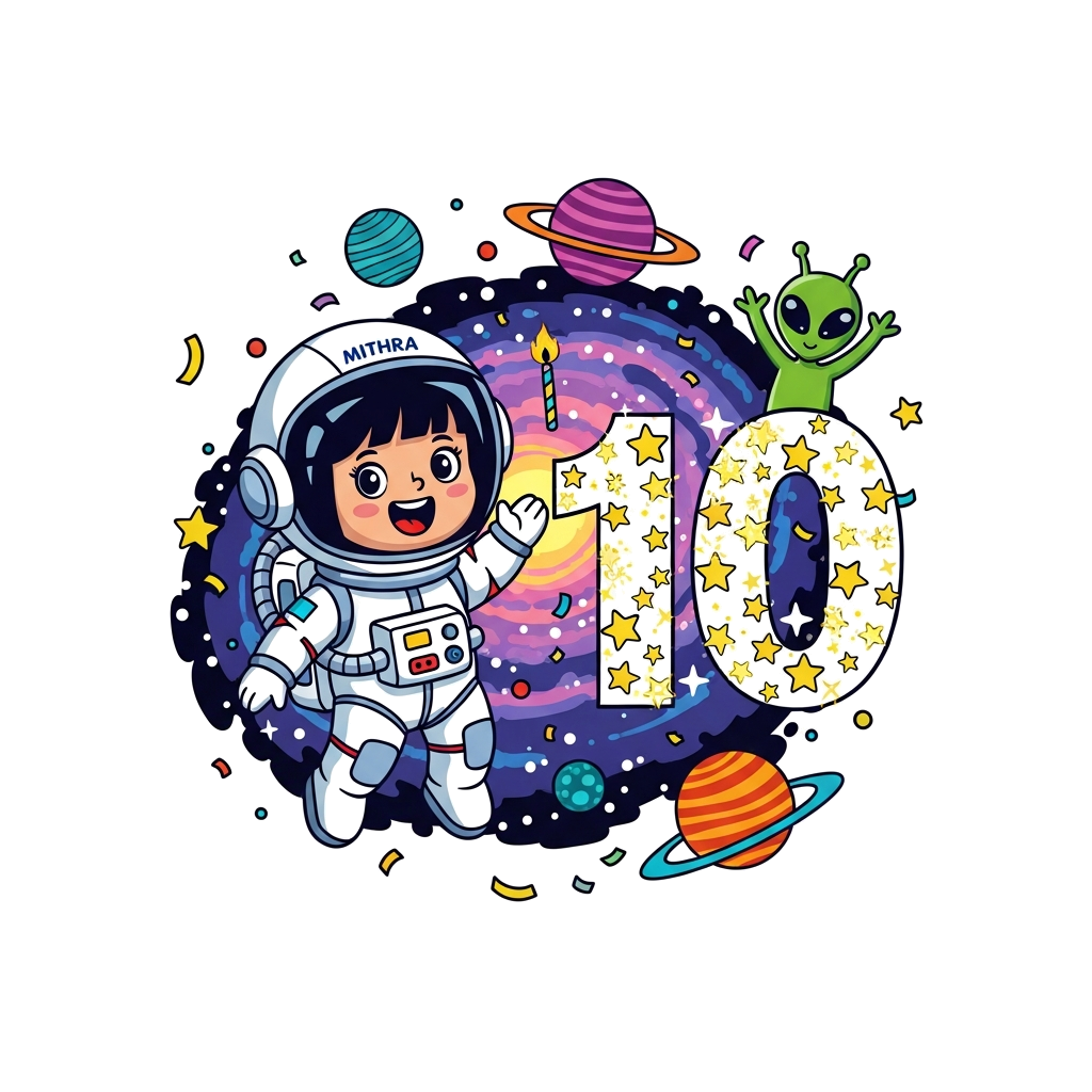 Custom design: A cheerful cartoon astronaut girl, with 'Mithra' subtly visible on her helmet, floating in a vibrant galaxy next to a...