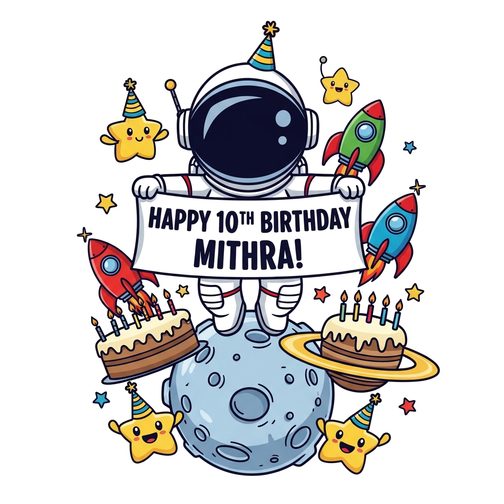 Custom design: An adorable astronaut character celebrating a birthday on a moon surface, holding a banner that says 'Happy 10th Birt...