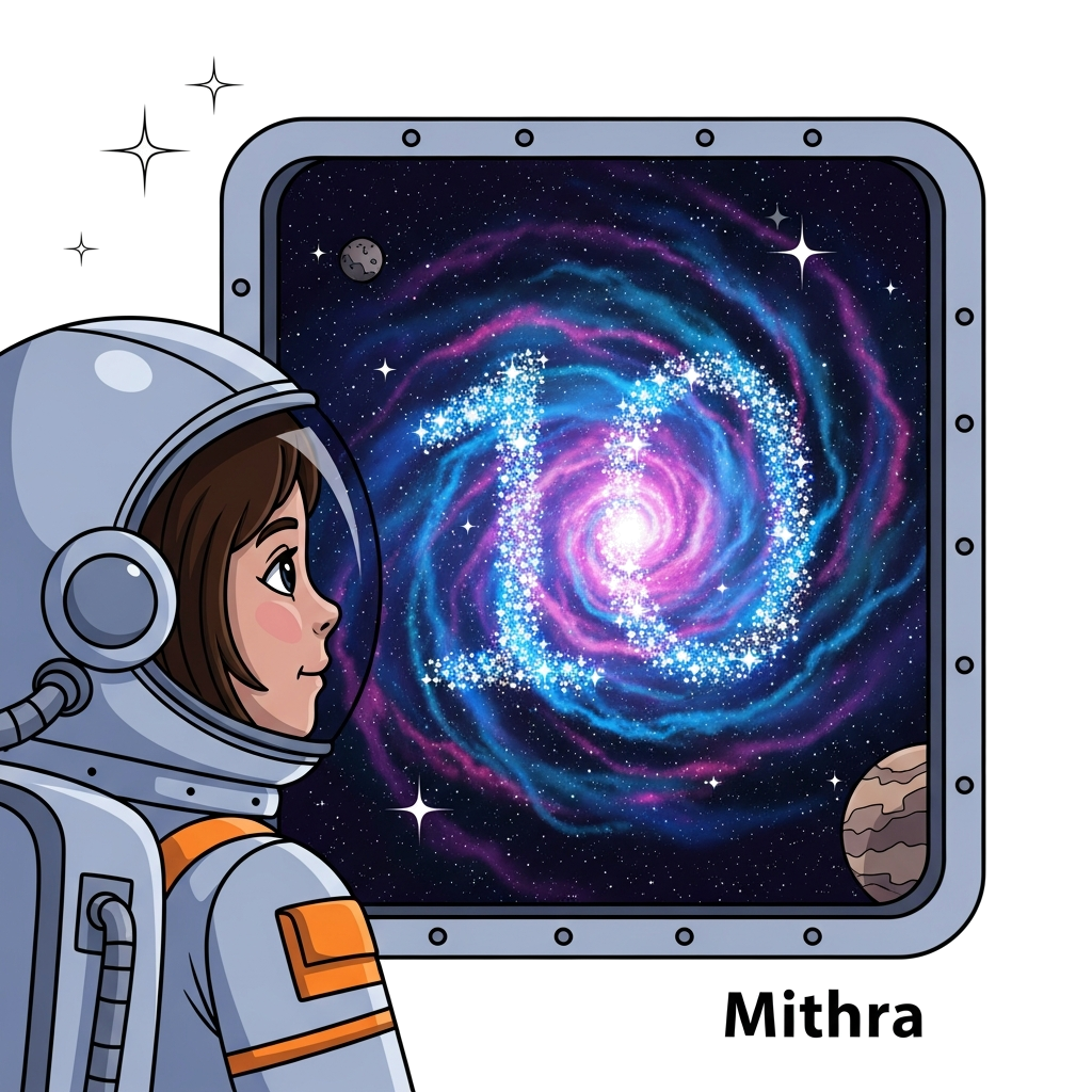 Custom design: A stunning illustration of a young girl astronaut (Mithra) looking out from a spaceship window at a breathtaking nebu...