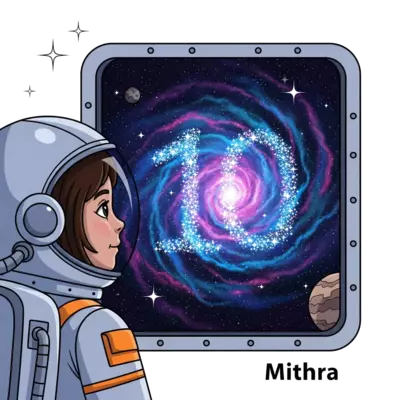 Design: A stunning illustration of a young girl astronaut (Mithra) looking out from a...