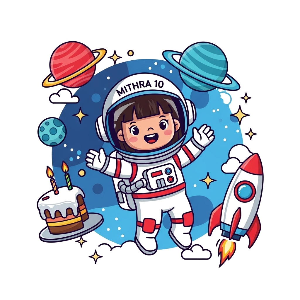 Custom design: A vibrant cartoon illustration of a cheerful girl astronaut with 'Mithra 10' on her helmet, floating in a whimsical s...