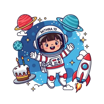 Design: A vibrant cartoon illustration of a cheerful girl astronaut with 'Mithra 10' ...
