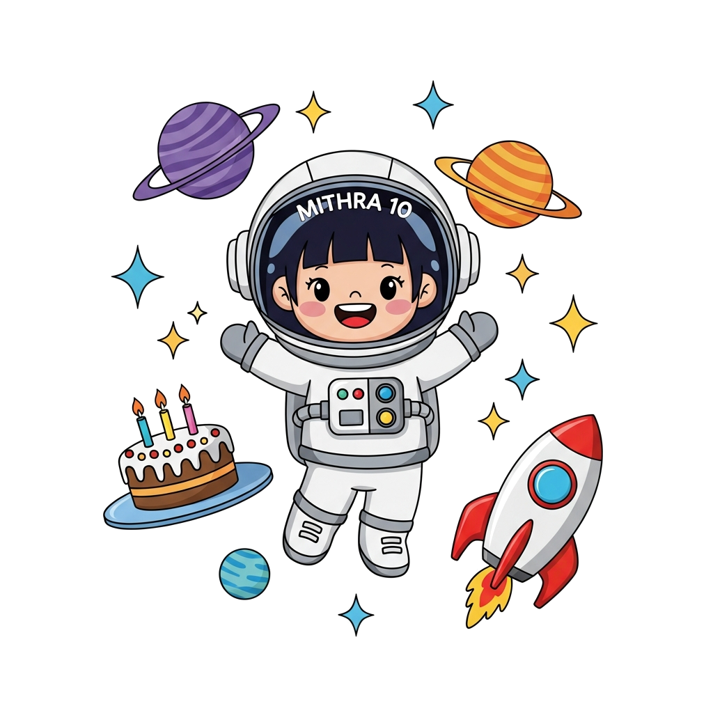 Custom design: A vibrant cartoon illustration of a cheerful girl astronaut with 'Mithra 10' on her helmet, floating in a whimsical s...