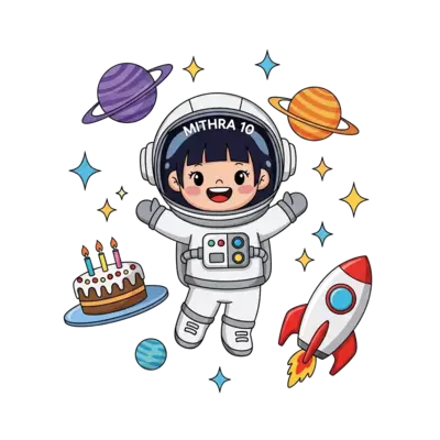 Design: A vibrant cartoon illustration of a cheerful girl astronaut with 'Mithra 10' ...