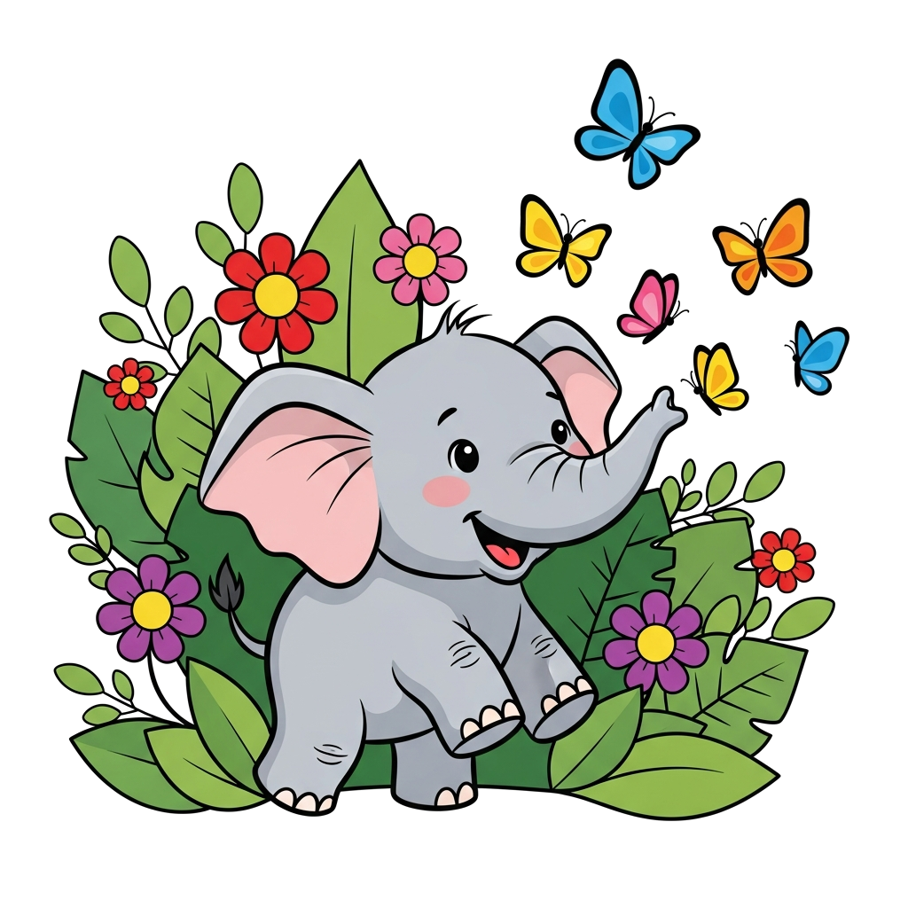 Custom design: A cheerful cartoon baby elephant playing with colorful butterflies, surrounded by lush green leaves and bright flower...