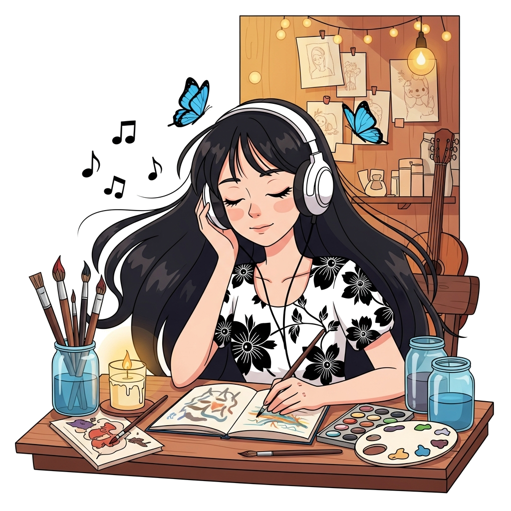 Custom design: Studio Ghibli–inspired anime illustration of a teenage girl with long, flowing dark hair, soft expressive eyes, and a...