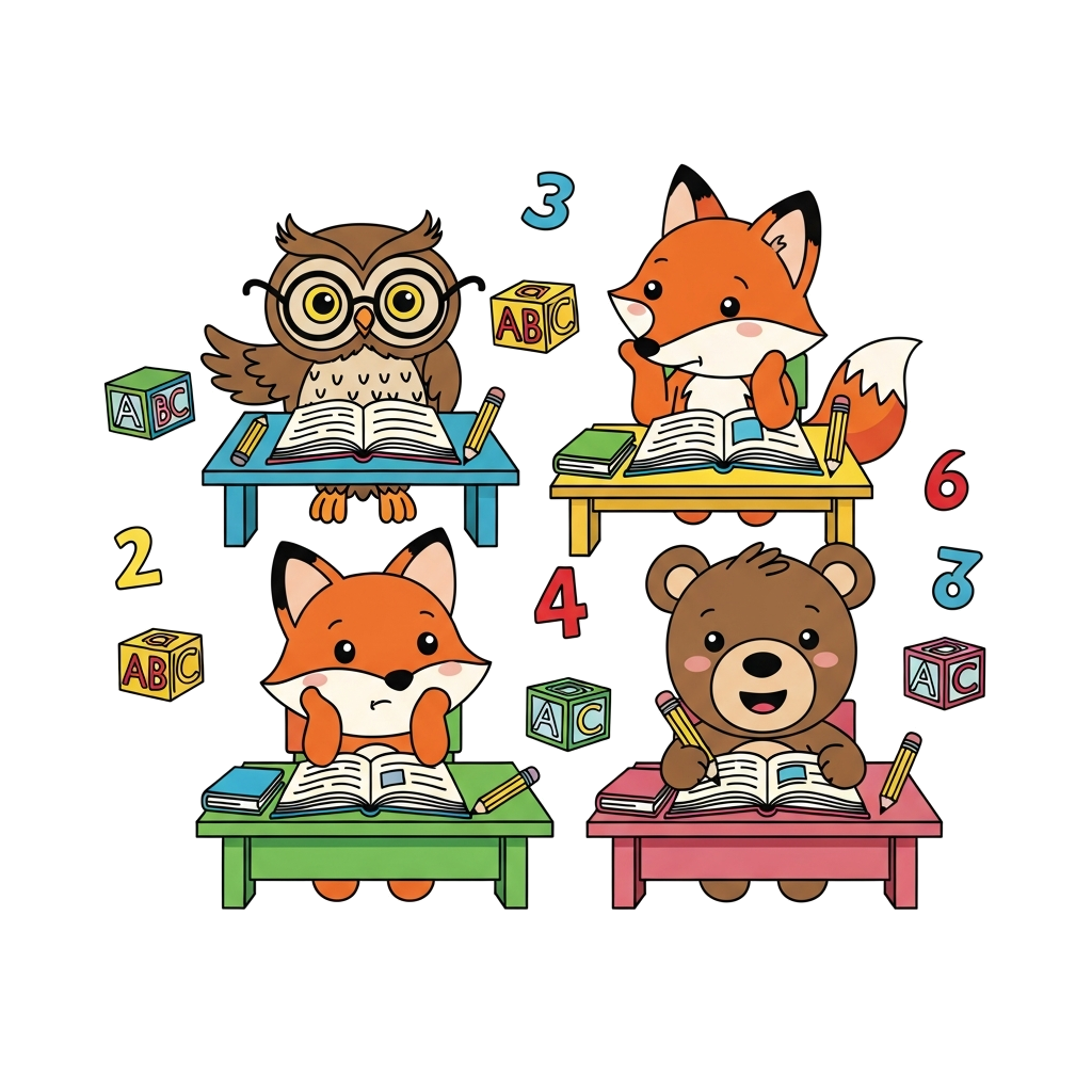 Custom design: A group of diverse, adorable cartoon animals (e.g., a wise owl, a curious fox, a playful bear) sitting at tiny desks ...