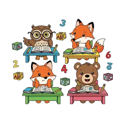 Design: A group of diverse, adorable cartoon animals (e.g., a wise owl, a curious fox...