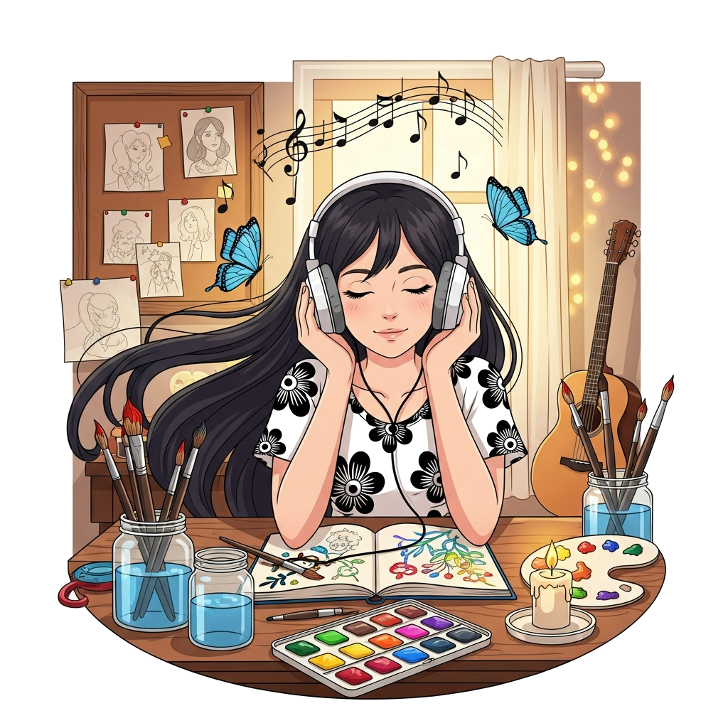 Custom design: Studio Ghibli–inspired anime illustration of a teenage girl with long, flowing dark hair, soft expressive eyes, and a...