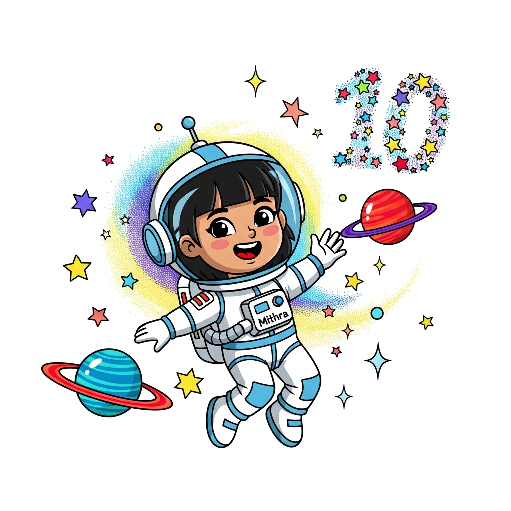 Custom design: A vibrant and colorful cartoon illustration of a happy 10-year-old girl named Mithra, dressed as an astronaut, floati...