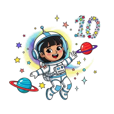 Design: A vibrant and colorful cartoon illustration of a happy 10-year-old girl named...