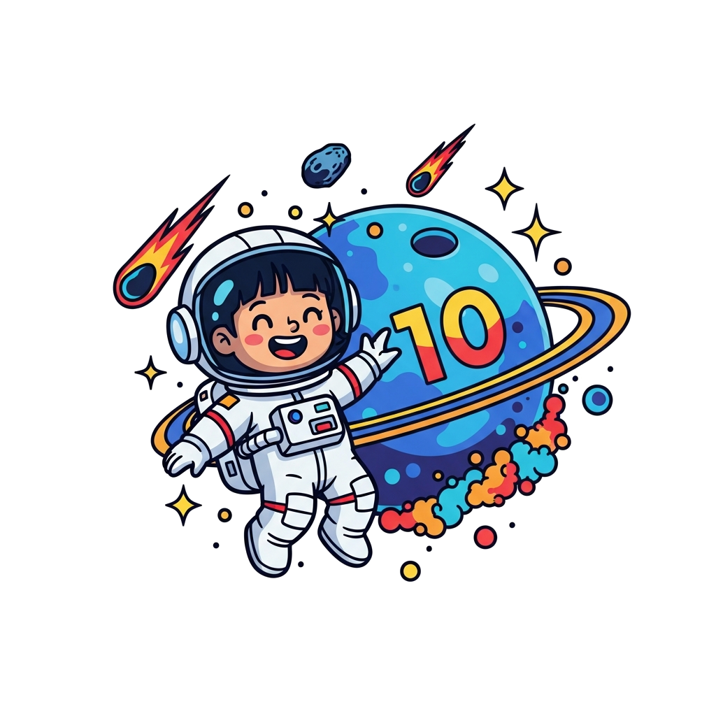 Custom design: A cheerful cartoon astronaut girl named Mithra, wearing a space suit, floating happily next to a vibrant planet with ...