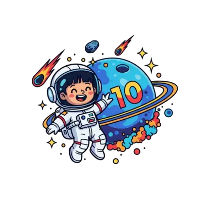 Design: A cheerful cartoon astronaut girl named Mithra, wearing a space suit, floatin...
