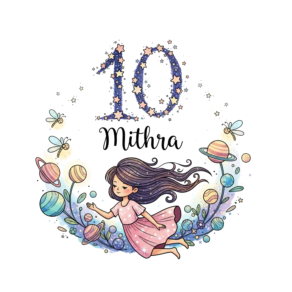 Custom design: A whimsical illustration of a young girl (Mithra) with flowing hair, gently floating in a cosmic garden filled with g...