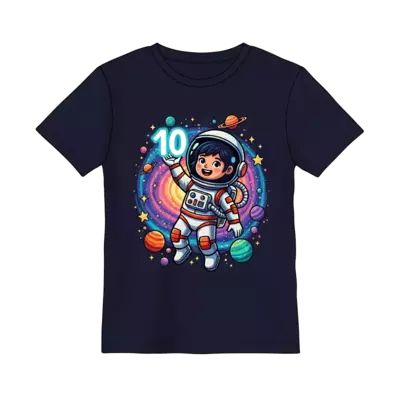 A cheerful cartoon girl astronaut floating in a vibrant galaxy, surrounded by colorful planets, twinkling stars, and cosmic dust, playfully holding up a glowing number '10', in a whimsical, detailed illustration style.
