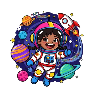 A cheerful, diverse young girl astronaut named Mithra, age 10, floating happily in a vibrant space scene, surrounded by colorful planets, twinkling stars, and a rocket. Dynamic, cartoonish, and super colorful, with 'Happy Birthday' subtly integrated.