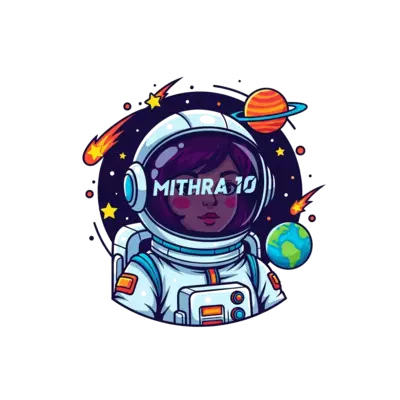 A bold and cool illustration of a futuristic astronaut girl, with 'Mithra 10' subtly integrated into her space helmet reflection, surrounded by vibrant planets and shooting stars in a dynamic, comic-book style.