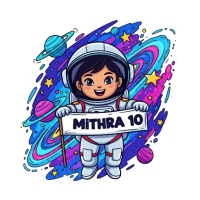 A vibrant, colorful space scene with a friendly astronaut girl (Mithra) floating among planets, stars, and nebulae, holding a banner that says 'Mithra 10'. The style is bold and energetic, with bright blues, purples, and pinks.