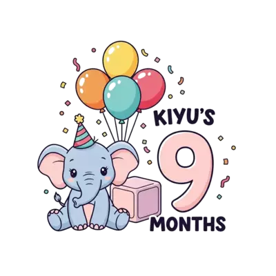 A super cute baby elephant cartoon with a tiny party hat, sitting next to a number '9' made of soft blocks, surrounded by colorful balloons and confetti, in a sweet, pastel, and friendly style. Text 'Kiyu's 9 Months'.