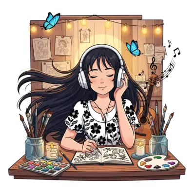 Studio Ghibli–inspired anime illustration of a teenage girl with long, flowing dark hair, soft expressive eyes, and a calm, dreamy expression. She is sitting at a cozy wooden desk, wearing a white dress with black floral patterns. She is drawing in a sketchbook while listening to music through large white headphones. Around her are art supplies like paintbrushes, watercolor palette, jars, and a softly glowing candle. Musical notes float gently in the air, symbolizing her love for music. Blue butterflies hover near her hair, adding a magical touch. The background shows a warm, aesthetic room with pinned sketches, a small guitar, and soft golden lighting. Highly detailed, soft shading, warm color palette, peaceful and creative atmosphere, Studio Ghibli style.”